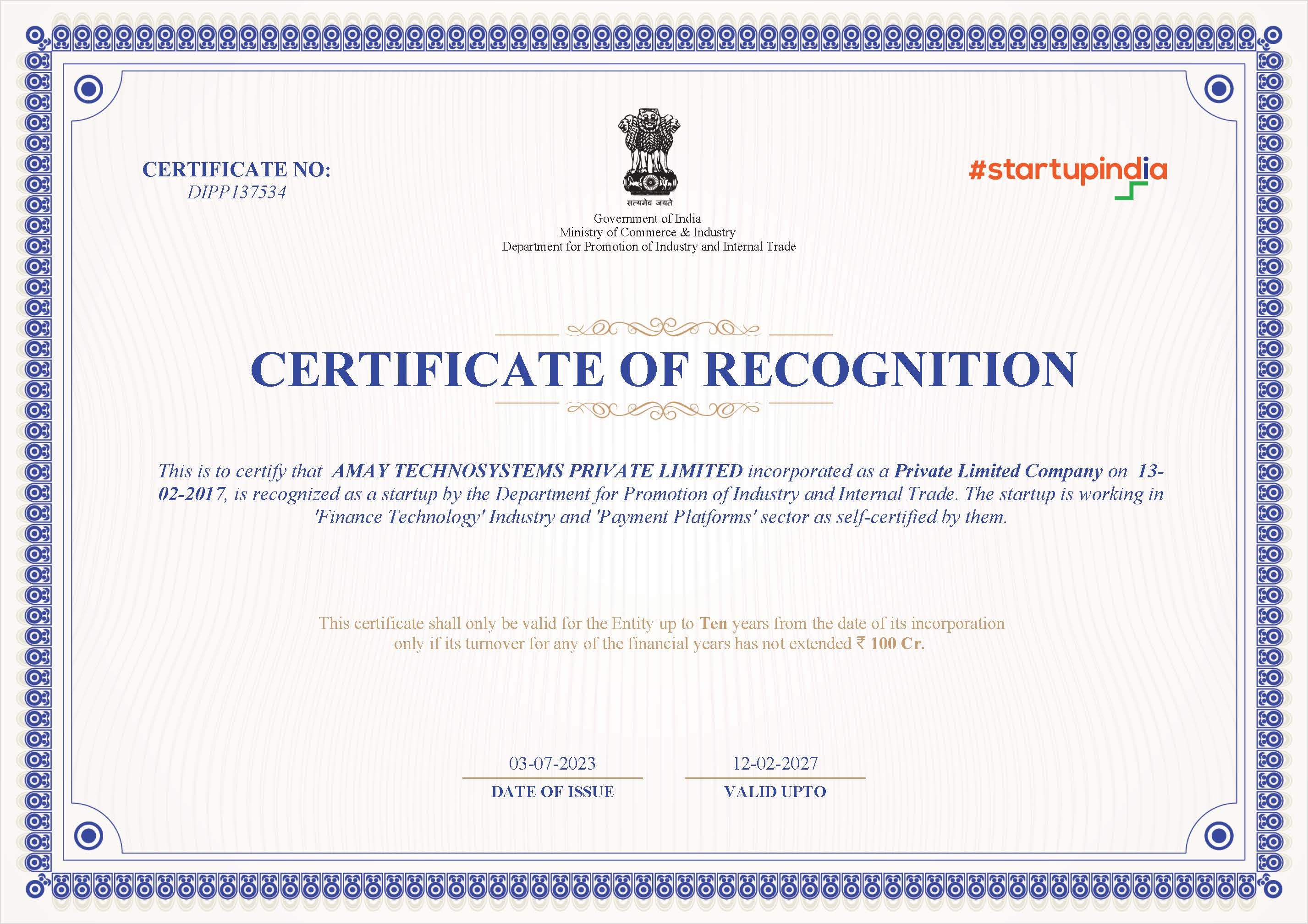 Startup India Certificate